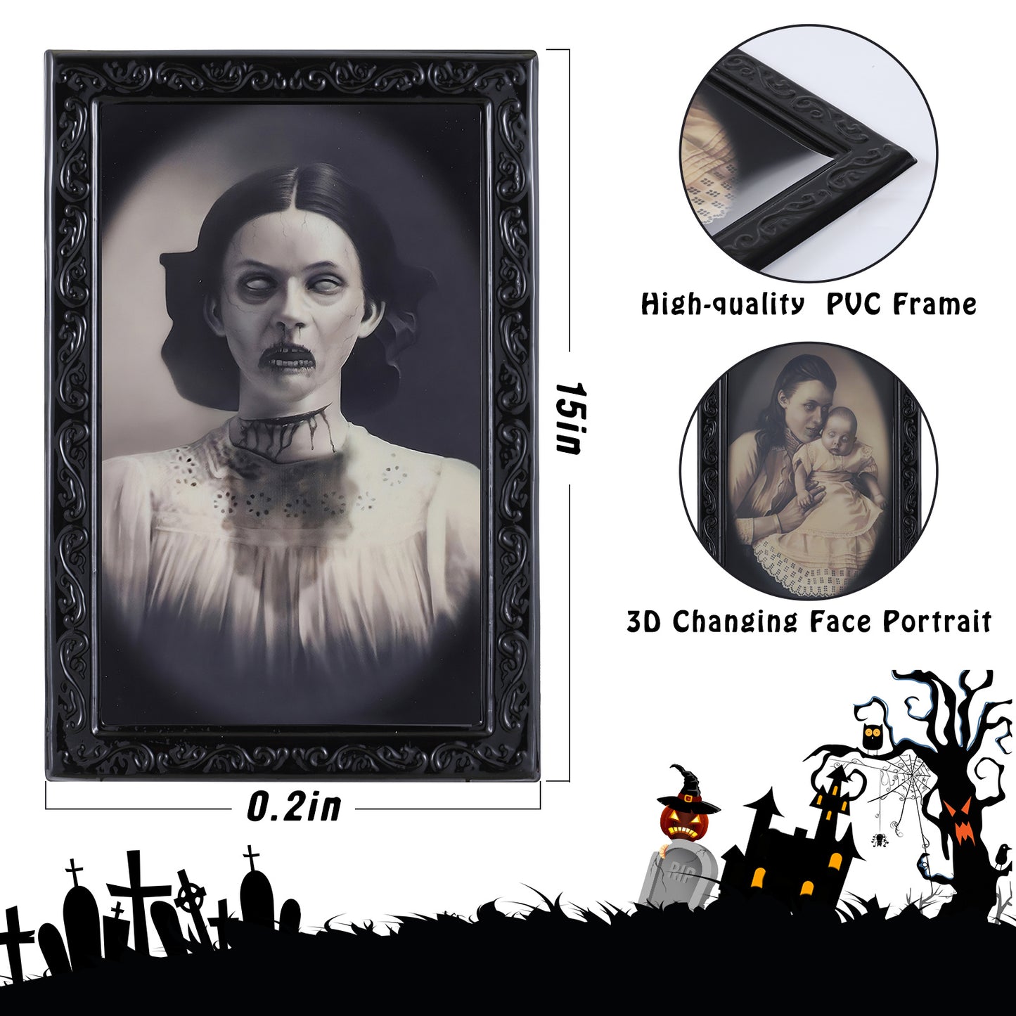 Halloween 3D Changing Face Portrait Frame – Spooky Haunted Wall Decoration, Horror Picture for Home, Party, Haunted House Decor
